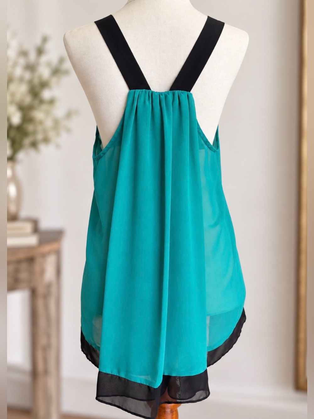 Bisou Bisou Teal Tank Sheer Strappy Open Back Tank Top L